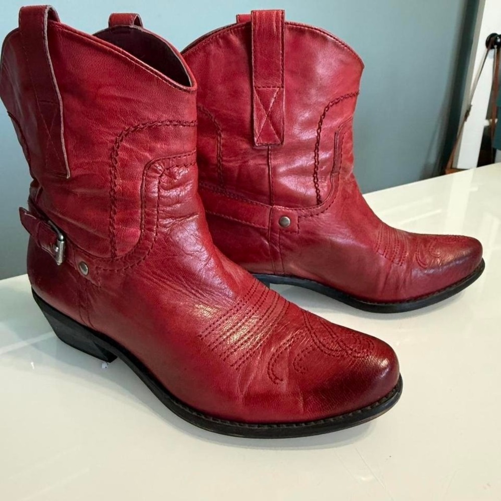 Franco Sarto‎ Red Leather Ankle Boots | Women's 7M | Moto Western Vibe